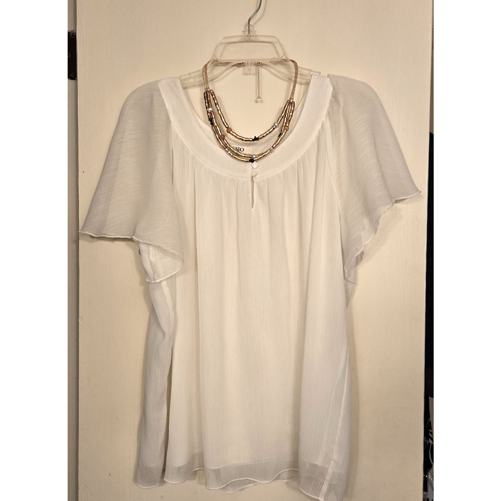 CATO White Sheer Flutter Sleeve Blouse Coquette Cottagecore Milkmaid - Women's L